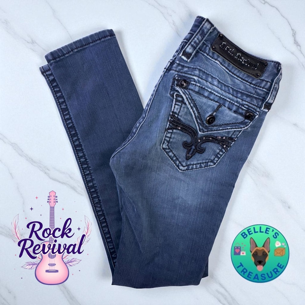 Rock Revival Jeans Women's 27 Embellished Pockets Dark Wash Black Rhinestone Y2K